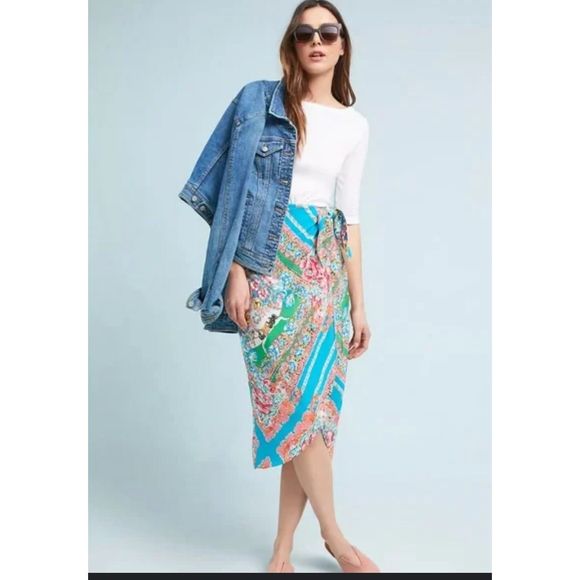 Maeve Anthropologie 14 Bette Silk Turquoise Wrap Skirt - Picture 1 of 6